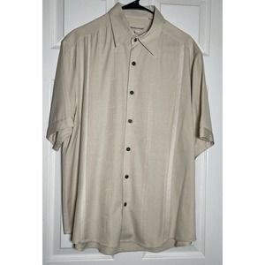 Pronto Uomo Mens Silk Short Sleeve Dress Shirt Beige Tan L Large Button Up